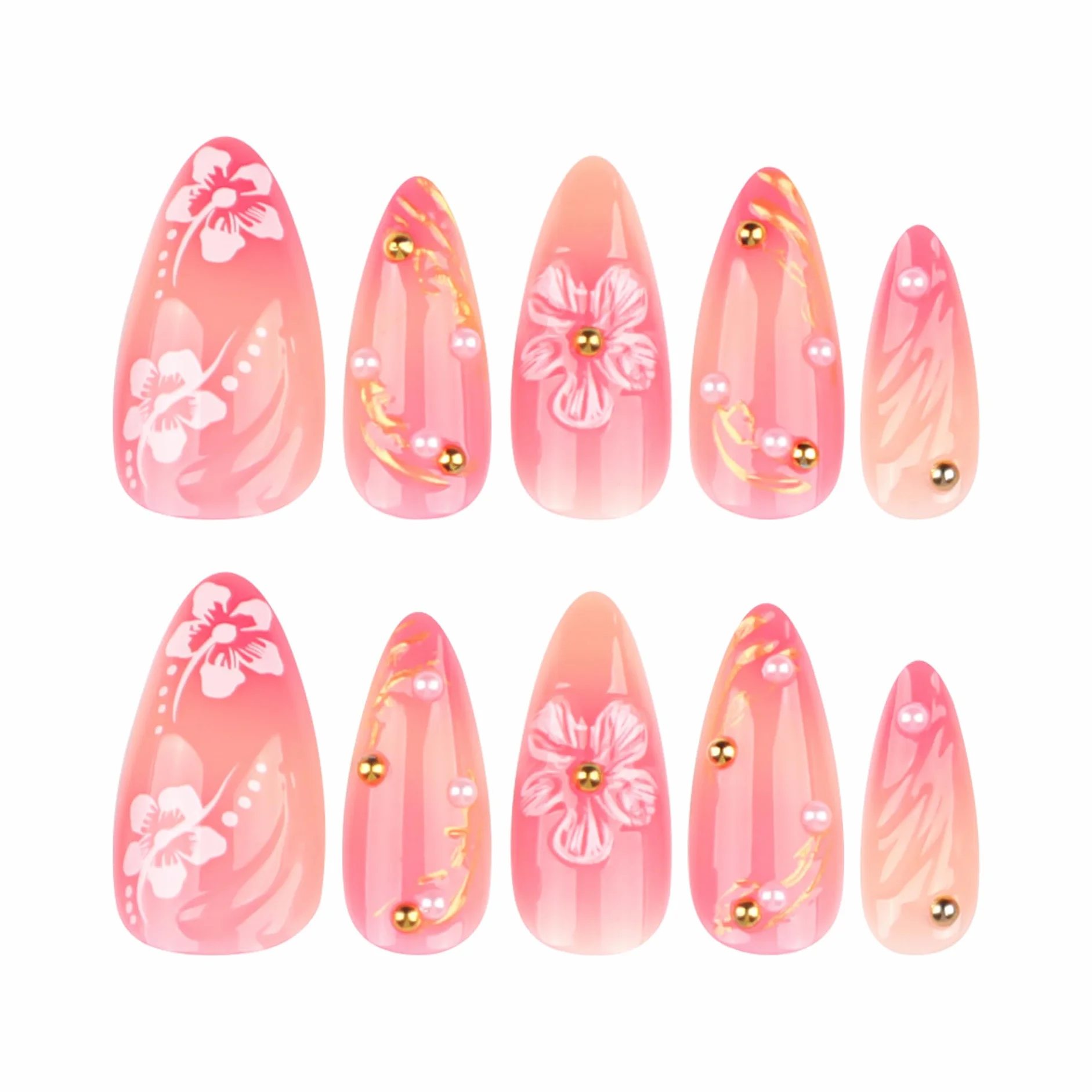 Press on Nails krótkie, migdałowy nude różowy airbrushing 3D kwiaty kwiatowy złoty pasek perła design migdał Y2k sztuczne paznokcie z żelem jelly, różowe kwiaty lato INS Sweet sztuczne