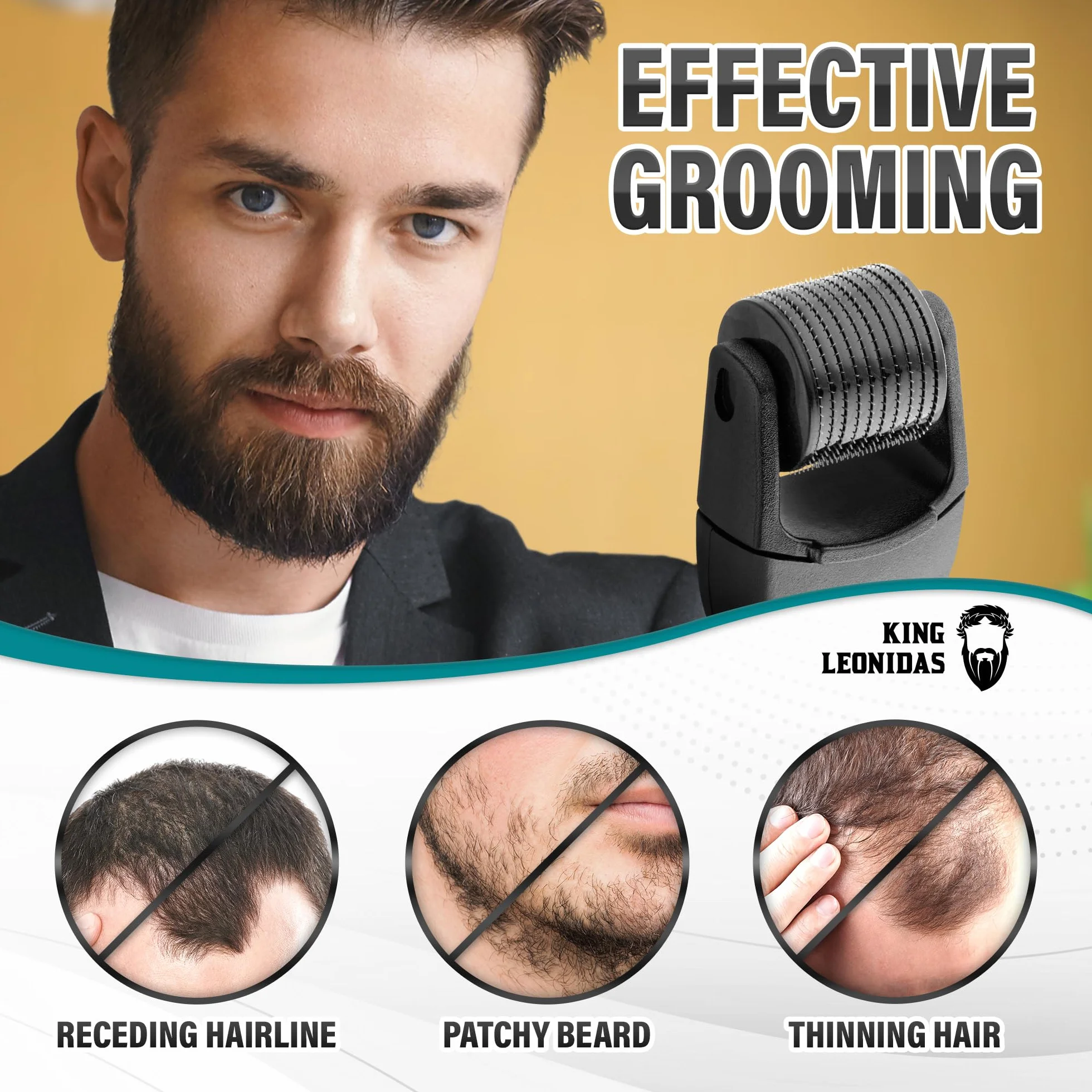 Zestaw do wzrostu brody King Leonidas z rolką Derma Roller 0,25 mm Microneedling Tool dla mężczyzn, profesjonalna pielęgnacja włosów na twarzy Pielęgnacja z balsamem do brody i olejkiem do brody