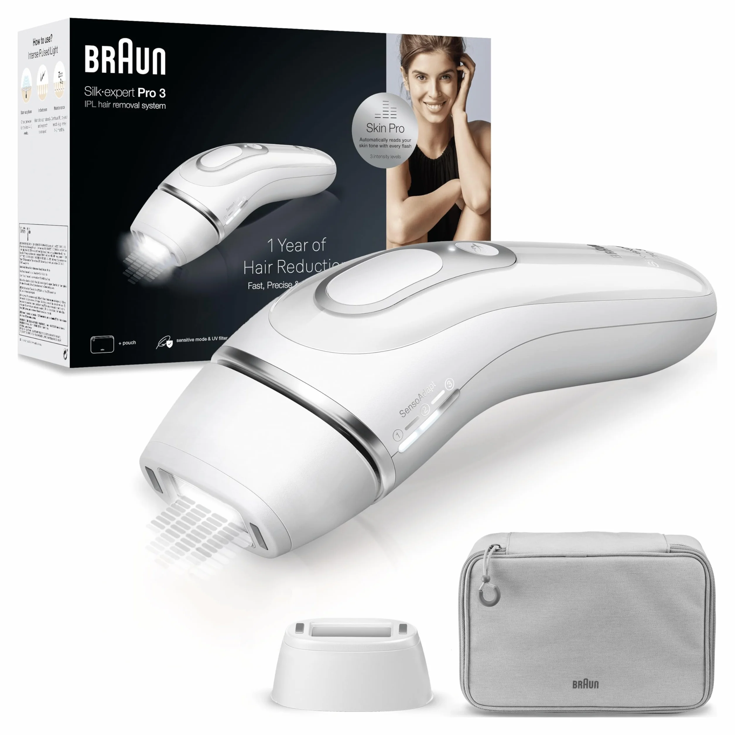 Braun Silk-Expert Pro 3 PL3020 IPL, do usuwania owłosienia w warunkach domowych, alternatywa dla depilacji laserowej, olarka Venus, 2 głowice, prezent dla kobiet, kolor biały/srebrny