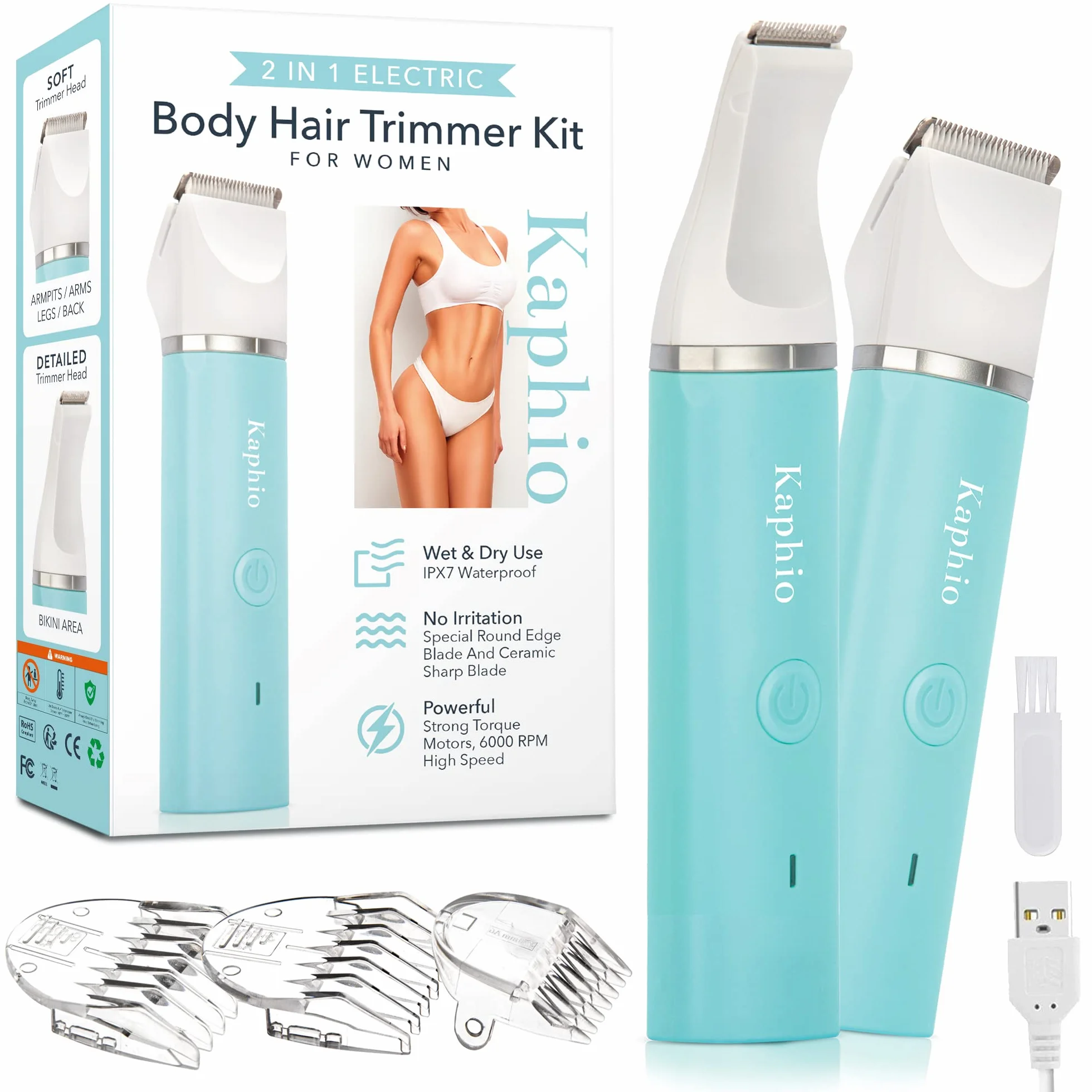 Kaphio Wodoodporny Trymer do Bikini, Maszynka do Strzyżenia Włosów dla Kobiet, 2 w 1, Ładowany, Niebieski Tiffany