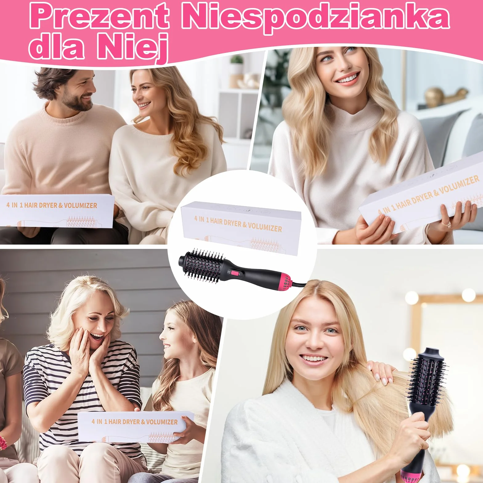 Pędzel na Powietrze Gorące 4 w 1, 3 Temperatury, 2 Siły Wiatru do Suszenia, Objętości, Wygładzania i Tworzenia Łuków