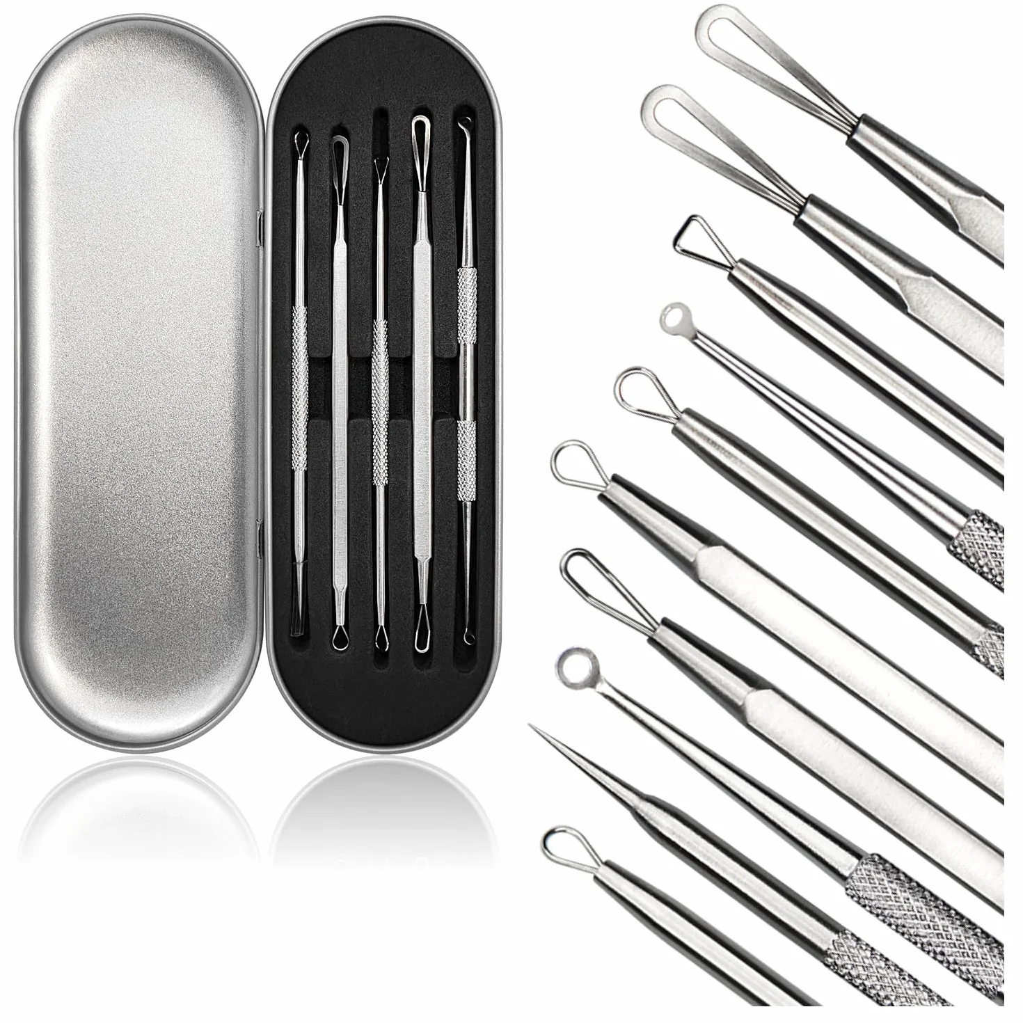 com-four® Zestaw do Usuwania Zaskórników – 5-czesciowe Narzedzia ze Stali Nierdzewnej do Oczyszczania Twarzy, Blackhead Remover – Ekstraktor Komedonów, Wyprysków i Zanieczyszczen dla Czystej Skóry