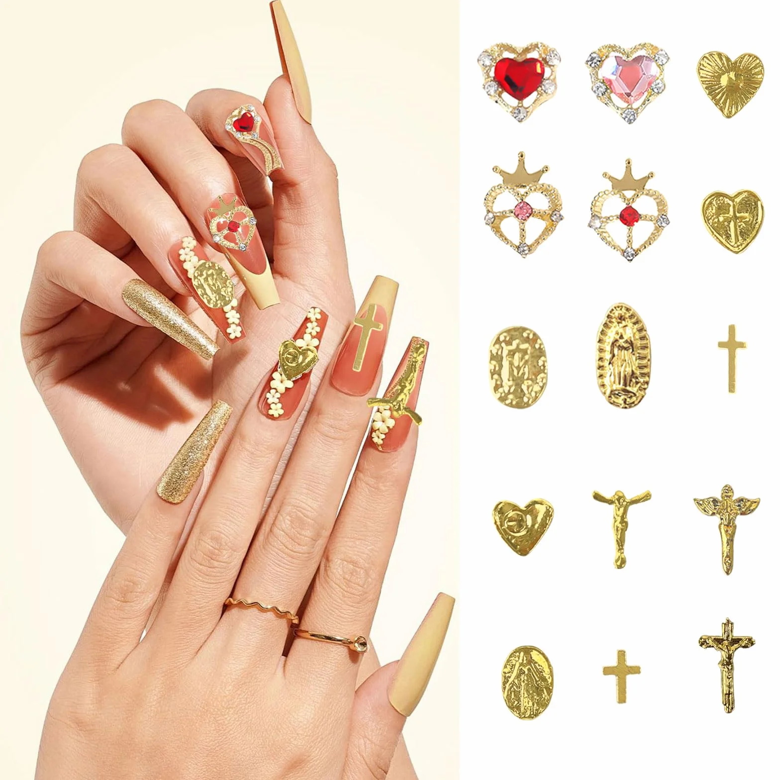 52 sztuki złotych zawieszek 3D na paznokcie, wysokiej jakości zdobienia paznokci, ekskluzywne z kamieniami strasu dla luksusowego manicure