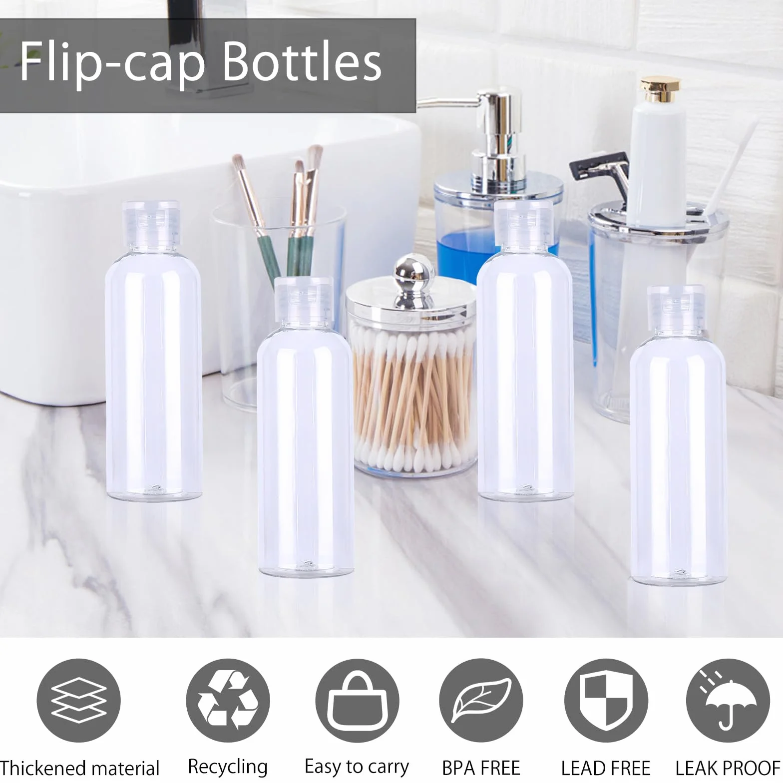 Zestaw butelek podróżnych 100 ml z zamknięciem Flip Cap, puste plastikowe przezroczyste butelki z dyspenserem