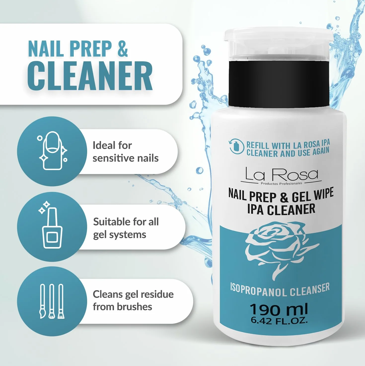 LaRosa IPA Cleaner do Paznokci 190 ml - Izopropanol IPA Odtłuszczacz do Paznokci - Wygodna butelka z pompką - NAIL PREP & GEL WIPE - Cleaner do Paznokci Żelowych