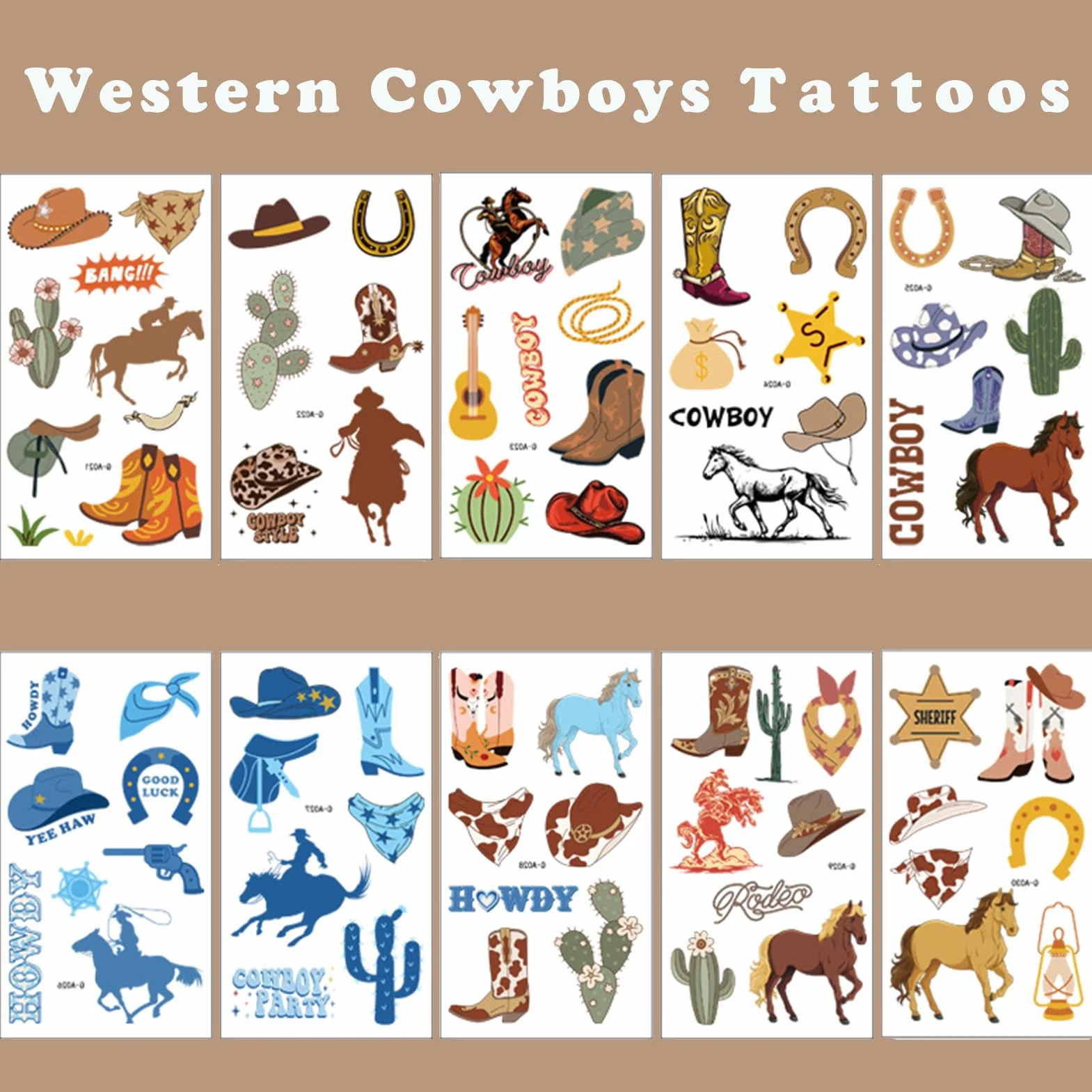 Qpout 10 arkuszy kowbojskie tymczasowe tatuaże zachodni koń czapki rodeo buty twarz sztuczne tatuaże, chłopcy kowboj rzemiosło westernowe przyjęcie tymczasowy tatuaż koń naklejka kowbojskie przyjęcie