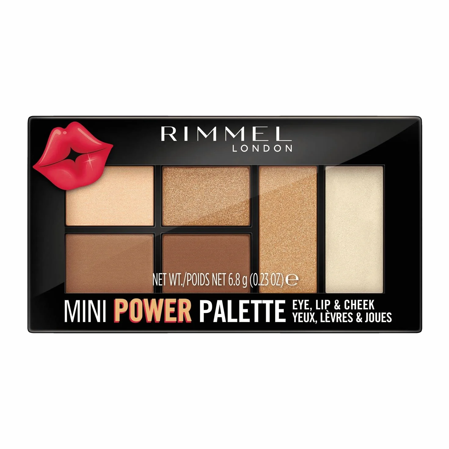 Rimmel Mini Power Palette Eye Shadow wielofunkcyjna paletka, napigmentowane cienie do powiek, aksamitny rozświetlacz oraz opalizujący topper do ust i policzków, nr 002 - Sassy