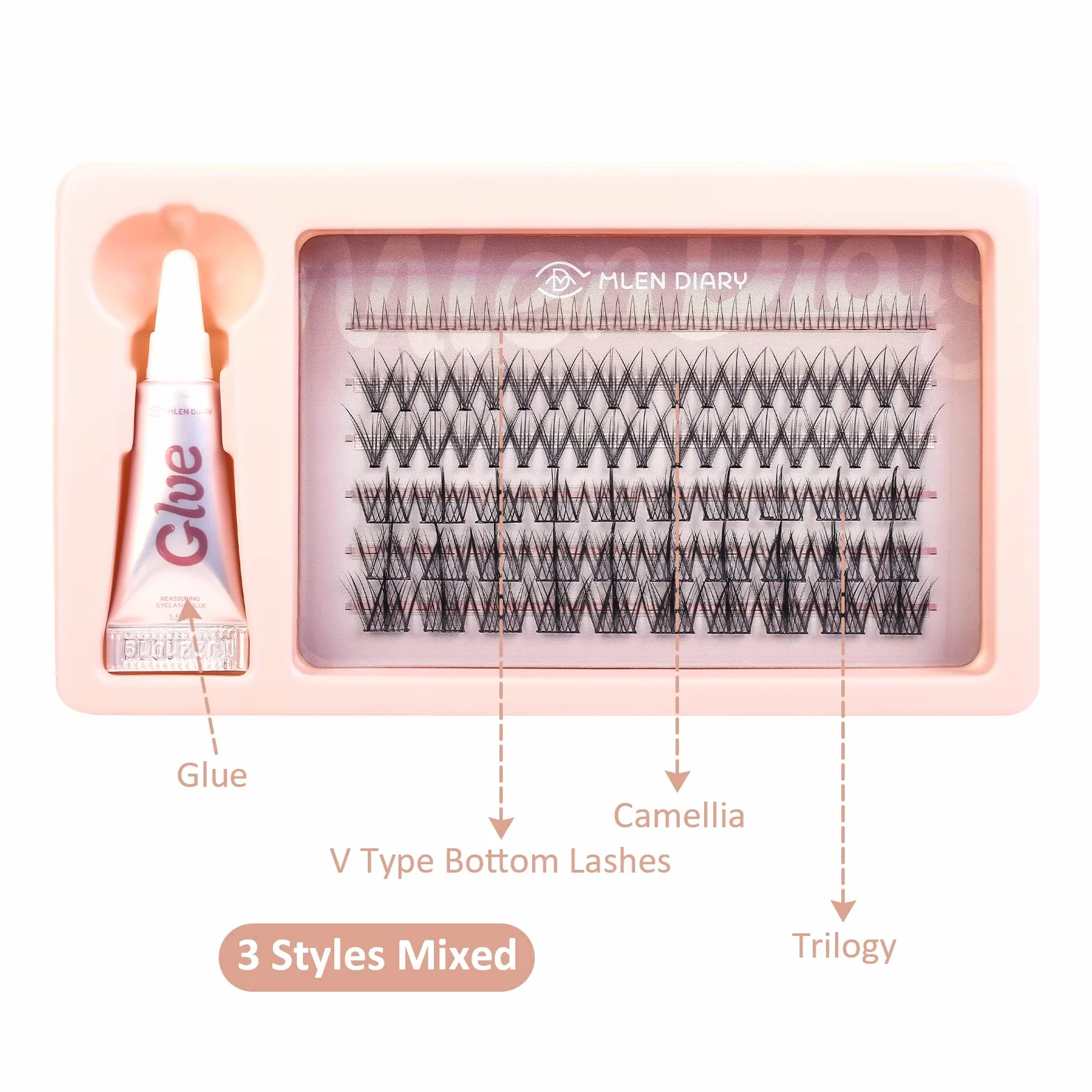 Mlen Diary Cluster Lashes mieszane 3 typy 56 szt. kamelii Lash Bottom Lashes z klejem