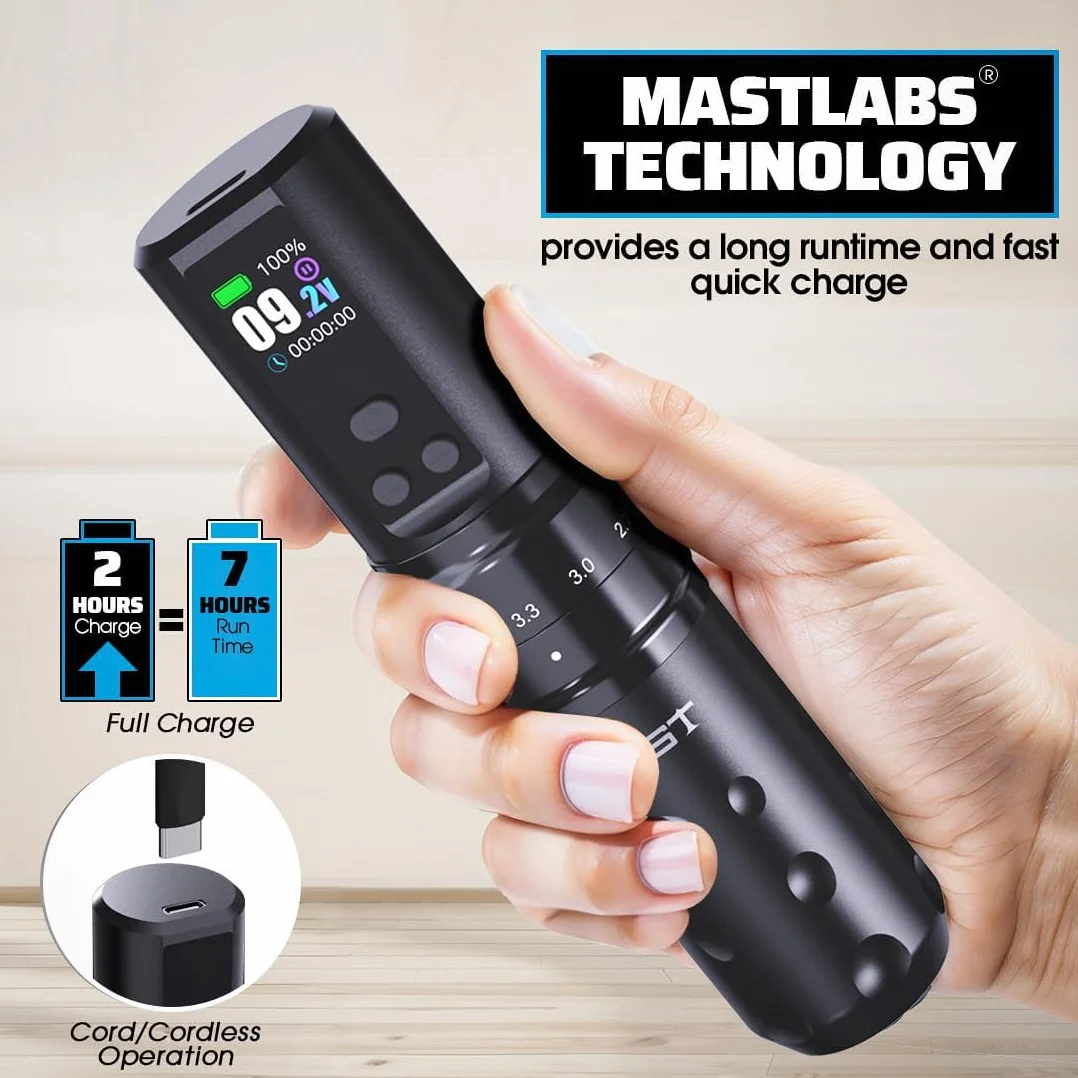 Mast Fold2 Pro Wireless Tattoo Machine Pen Rotary Tattoo Gun 7 Strokes Length 2000mAh Battery Powerful Motor by Mcore Smart Display Screen for Pro Artists (WQP-076-10YMX)
