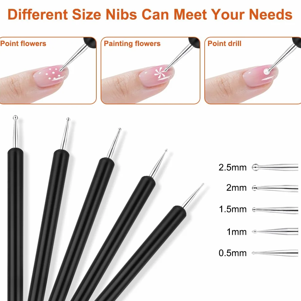 5 szt. Pióro do Rzeźbienia Nail Art, Silikonowe Narzędzia do Paznokci z Podwójną Końcówką, Narzędzie do Kropkowania z Podwójnym Końcem, Pióro do Rzeźbienia Lakieru do Paznokci z Kryształkami