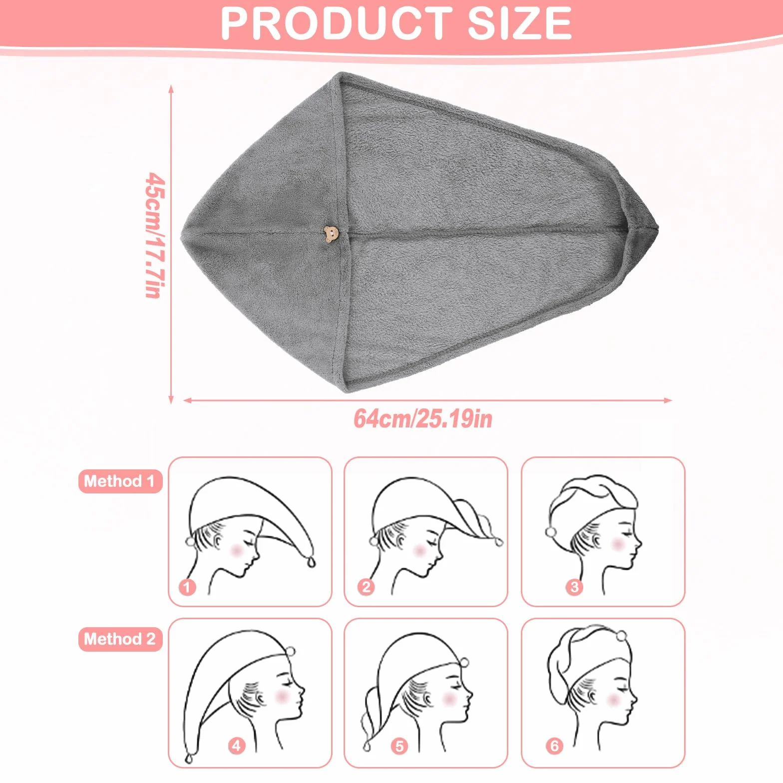 oruola Ręcznik do włosów, z mikrofibry, chłonny turban do włosów, szybkoschnący, turban z guzikiem, czepki do włosów do suszenia włosów, ręcznik z mikrofibry, do domu, podróży (kolor szary)