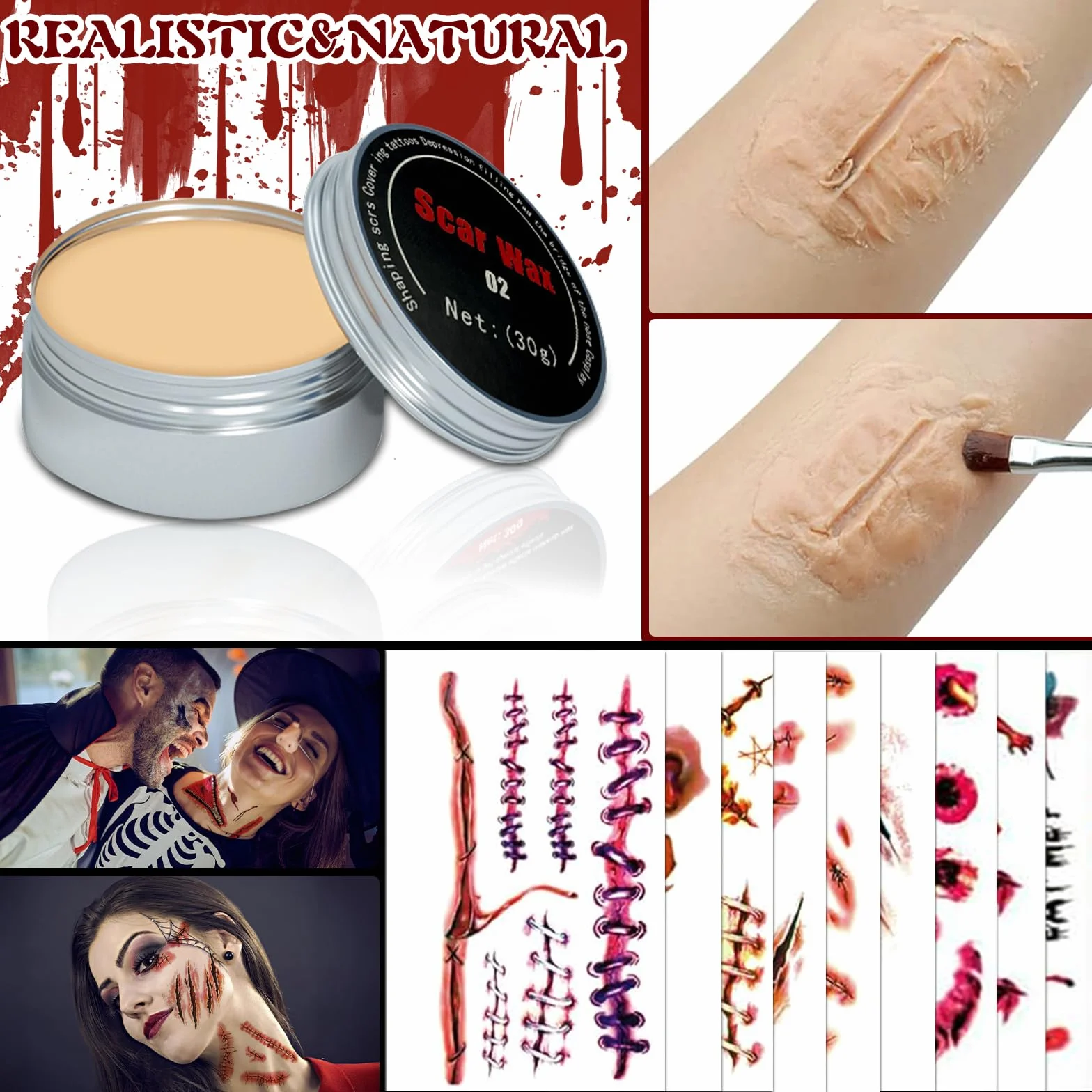 Zestaw do makijażu Halloween 3 sztucznej krwi 30 naklejek tatuaż paleta 8 kolorów