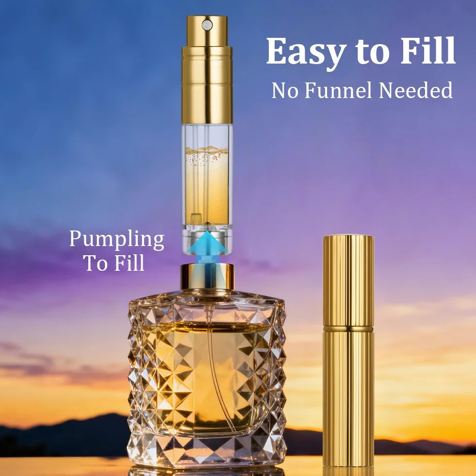AUYAO Pusta butelka na perfumy, 5 ml, pusty rozpylacz, przenośna pusta butelka na perfumy, mini pusta butelka podróżna dla kobiet i mężczyzn, do torebki, (złota)