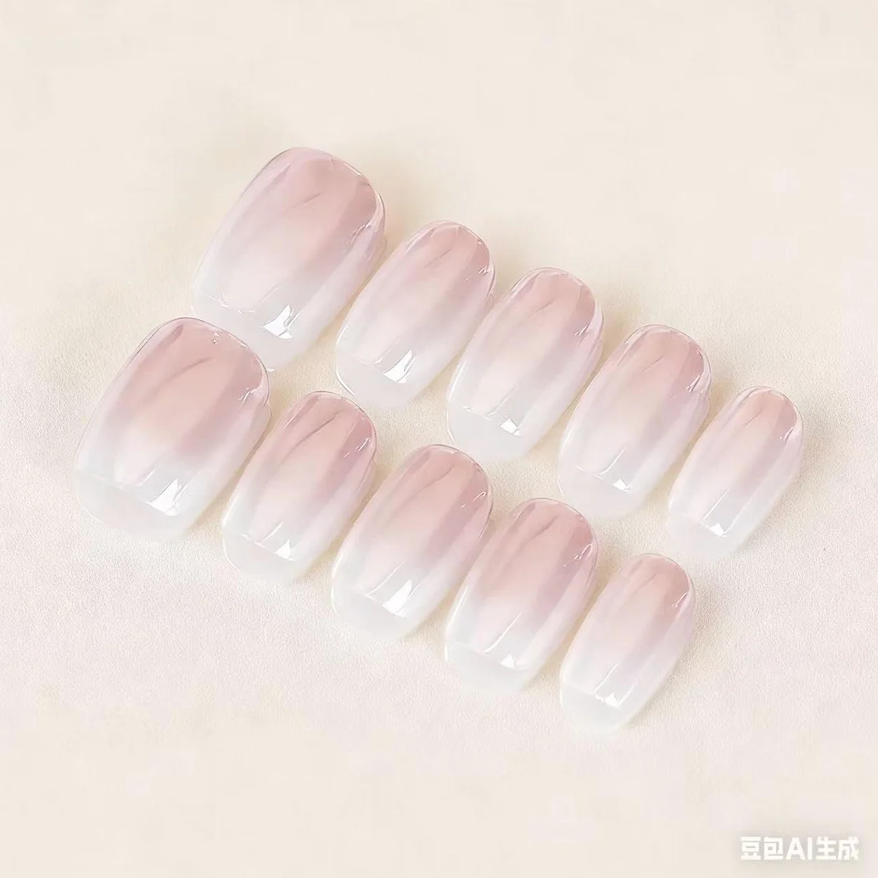 Hailey Bieber Donut Press on Nails krótkie kwadratowe różowe gradientowe białe chromowane paznokcie z klejem