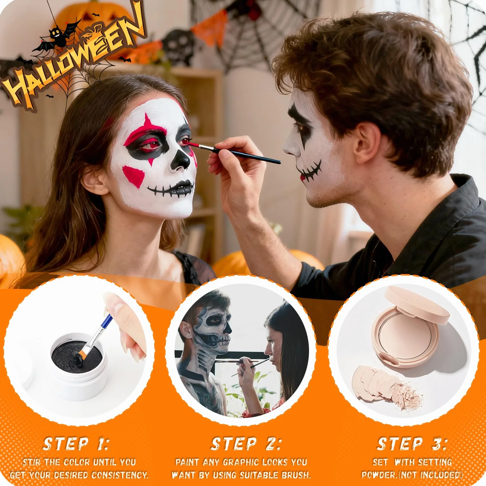 TonJin Zestaw farb do twarzy i ciała, nietoksyczny, profesjonalny zestaw farb do malowania twarzy i ciała, 3 pędzle, dla dzieci i dorosłych, na Halloween, imprezę, cosplay, klaun, makijaż SFX