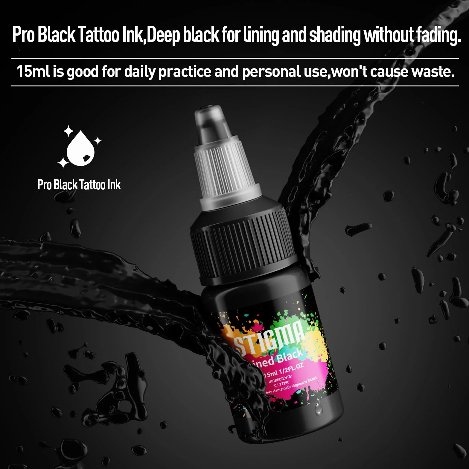 STIGMA Czarny tusz do tatuażu 15 ml, 1/2 uncji na butelkę Pro Black Tattoo Ink dla artysty tatuażu