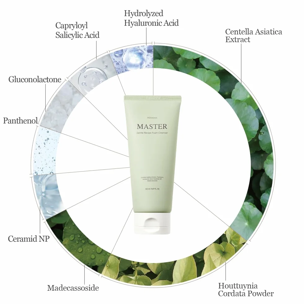 mixsoon Master Gentle Recipe Foam Cleanser, pielęgnujący środek do czyszczenia twarzy z Centella Asiatica, Houttuynia Cordata & LHA, delikatne czyszczenie, pH 5,5 (150 ml)