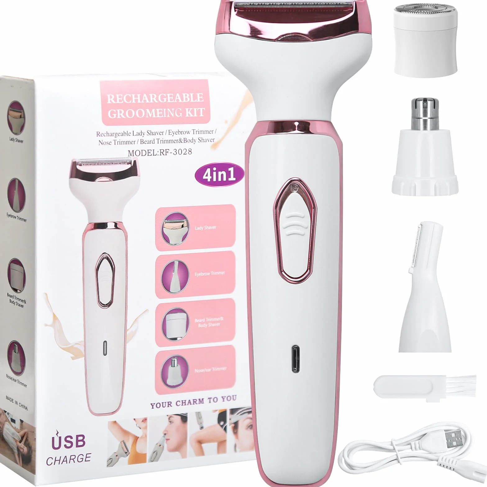 Elektryczna golarka 4 w 1 dla kobiet bezprzewodowa USB trymer do twarzy nosa pach bikini