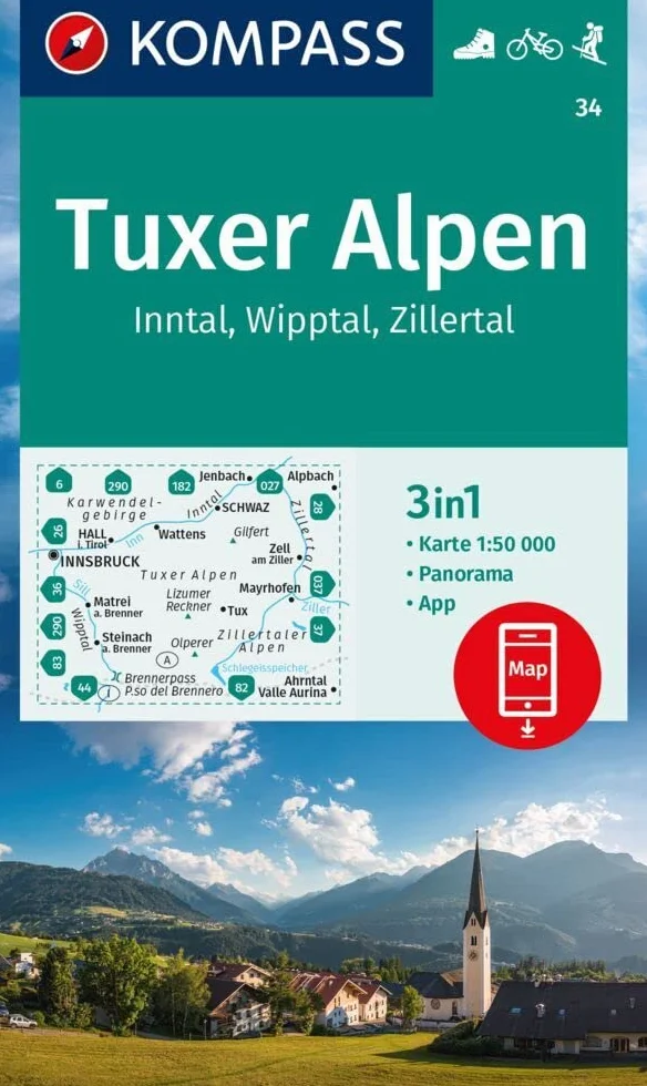 Tuxer Alpen / Inntal / Wipptal / Zillertal (34): 3in1 Wanderkarte, mit Panorama, inklusive Karte zur offline Verwendung in der KOMPASS-App. Fahrradfahren. Skitouren.