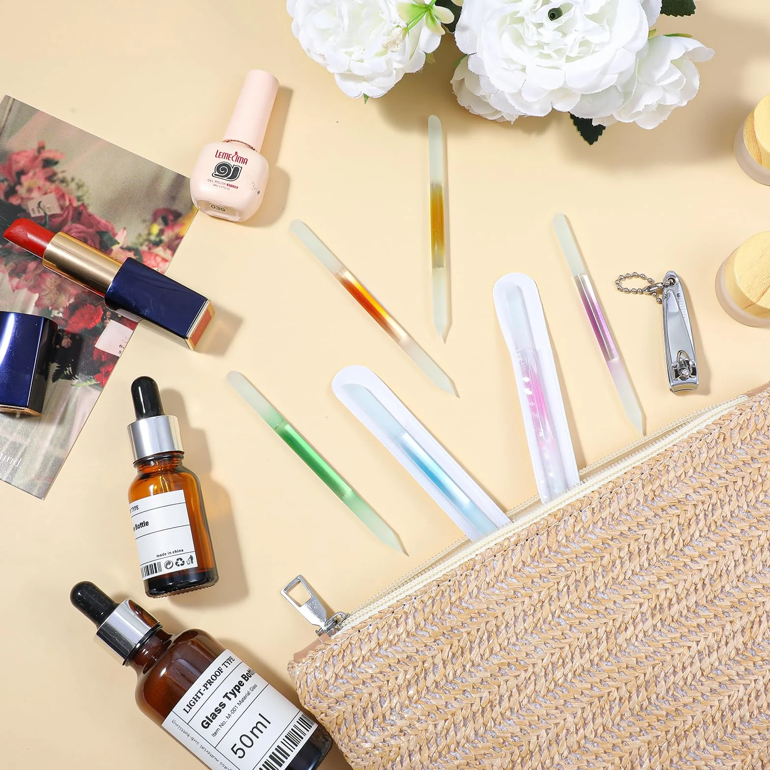 Szklany popychacz do skórek z podwójną końcówką do manicure, przezroczysty