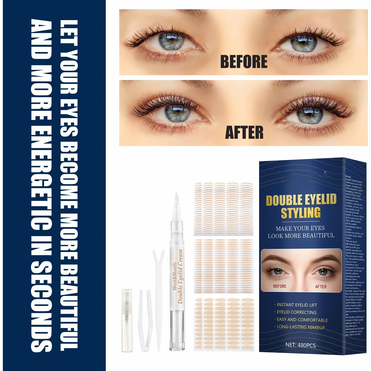 Podwójna taśma do powiek, podwójna taśma do powiek, niewidoczna taśma do powiek, eyelid glue, eyelid, idealna do Hooded, Droopy Eyelid, Uneven, Mono-powiek (480 sztuk)
