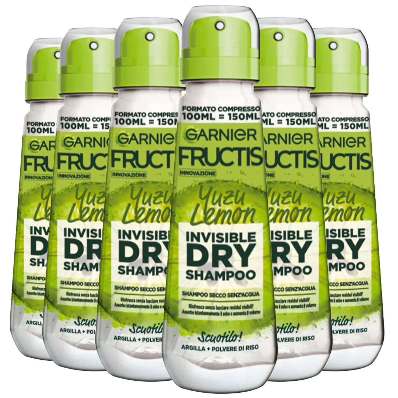 Garnier Fructis niewidzialne suche Yuzu cytryna suchy szampon bezwodny z gliną i proszkiem ryżu odświeżające włosy - 6 butelek w sprayu 100ml