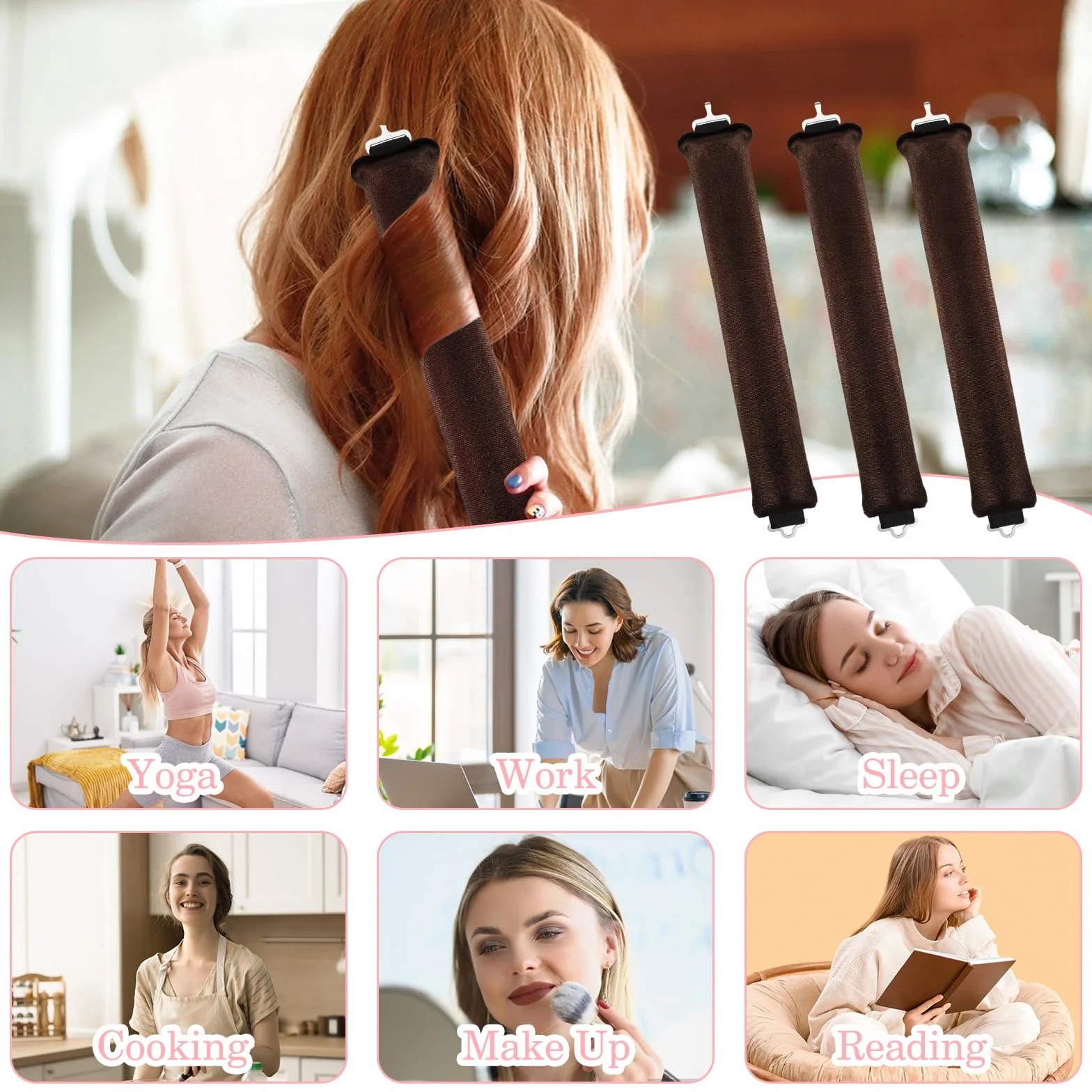 Yuanchu Taśma Heatless Curls do włosów bez ciepła, brązowa, do wszystkich rodzajów włosów, lokówka z haczykami