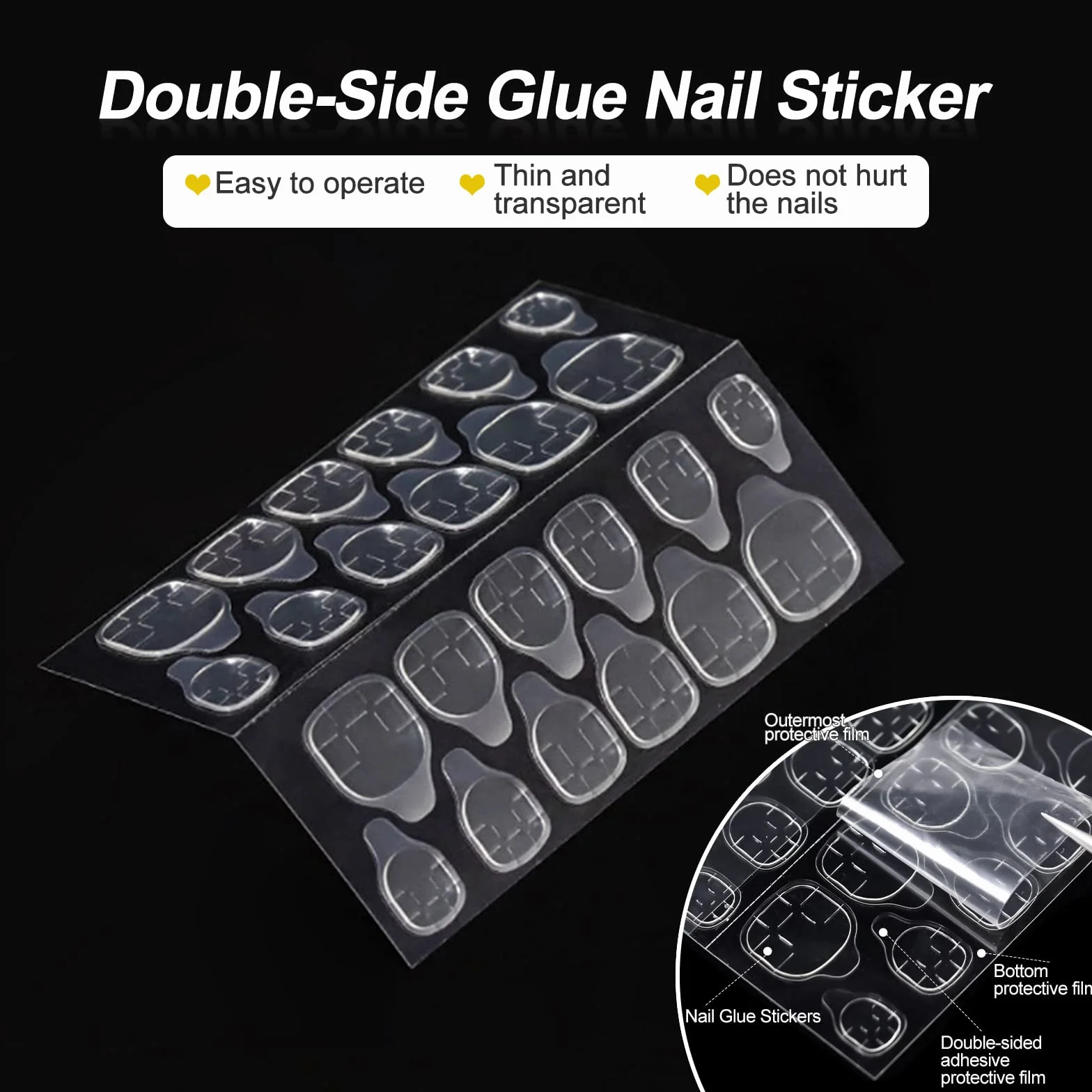 Sularpek Samoprzylepne naklejki na paznokcie, 720 sztuk, 30 arkuszy kleju do paznokci, dwustronne, przezroczyste, do dekoracji manicure