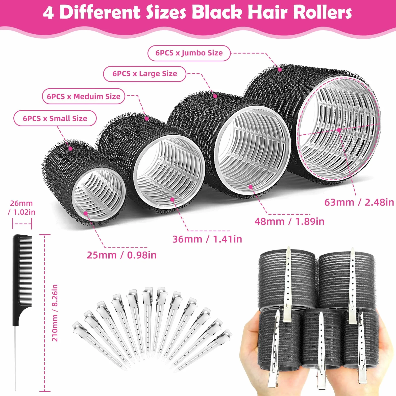 Zestaw 36 wałków do włosów 64 mm 48 mm 36 mm 25 mm samoprzylepne lokówki z 12 spinkami