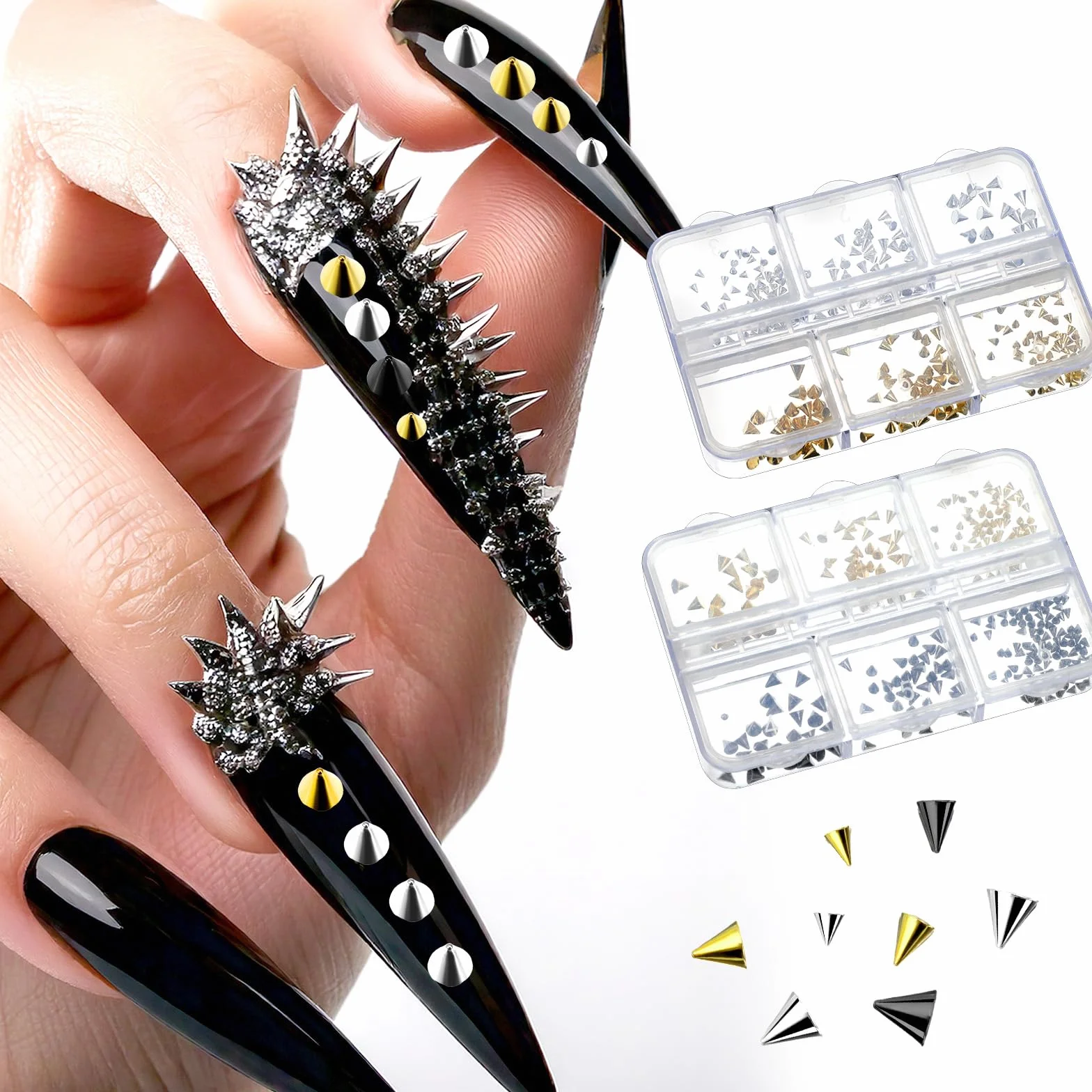 Tucnoeu 2 pudełka nity zawieszki do paznokci - Nail Charms złote srebrne czarne punkowe ozdoby do paznokci błyszczące kamienie akcesoria