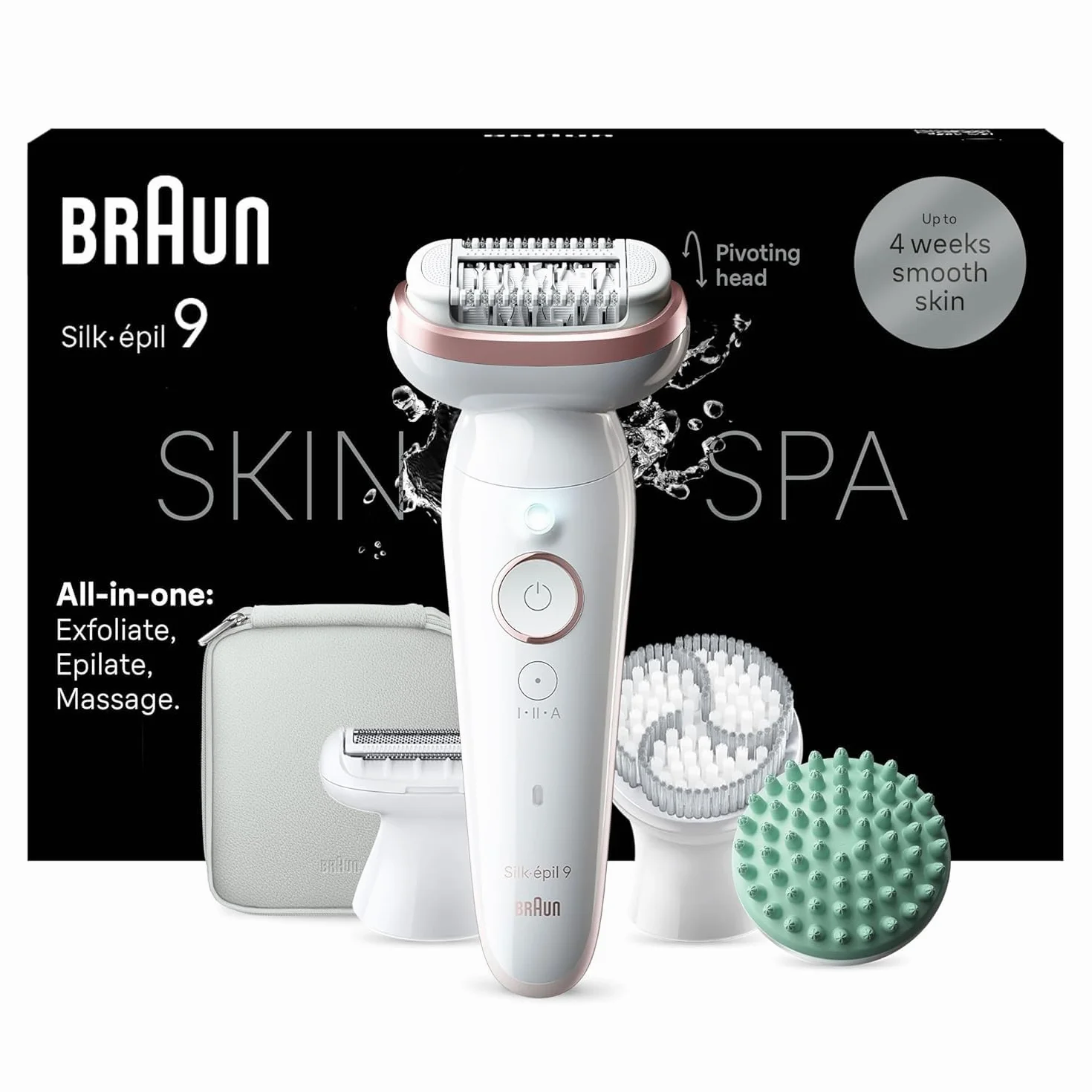 Braun Silk-épil 9 SkinSpa All-in-One Set, depilator dla kobiet/depilator do długotrwałego usuwania włosów, nasadka do golenia, nasadka do masażu, 9-080, biały/różowy