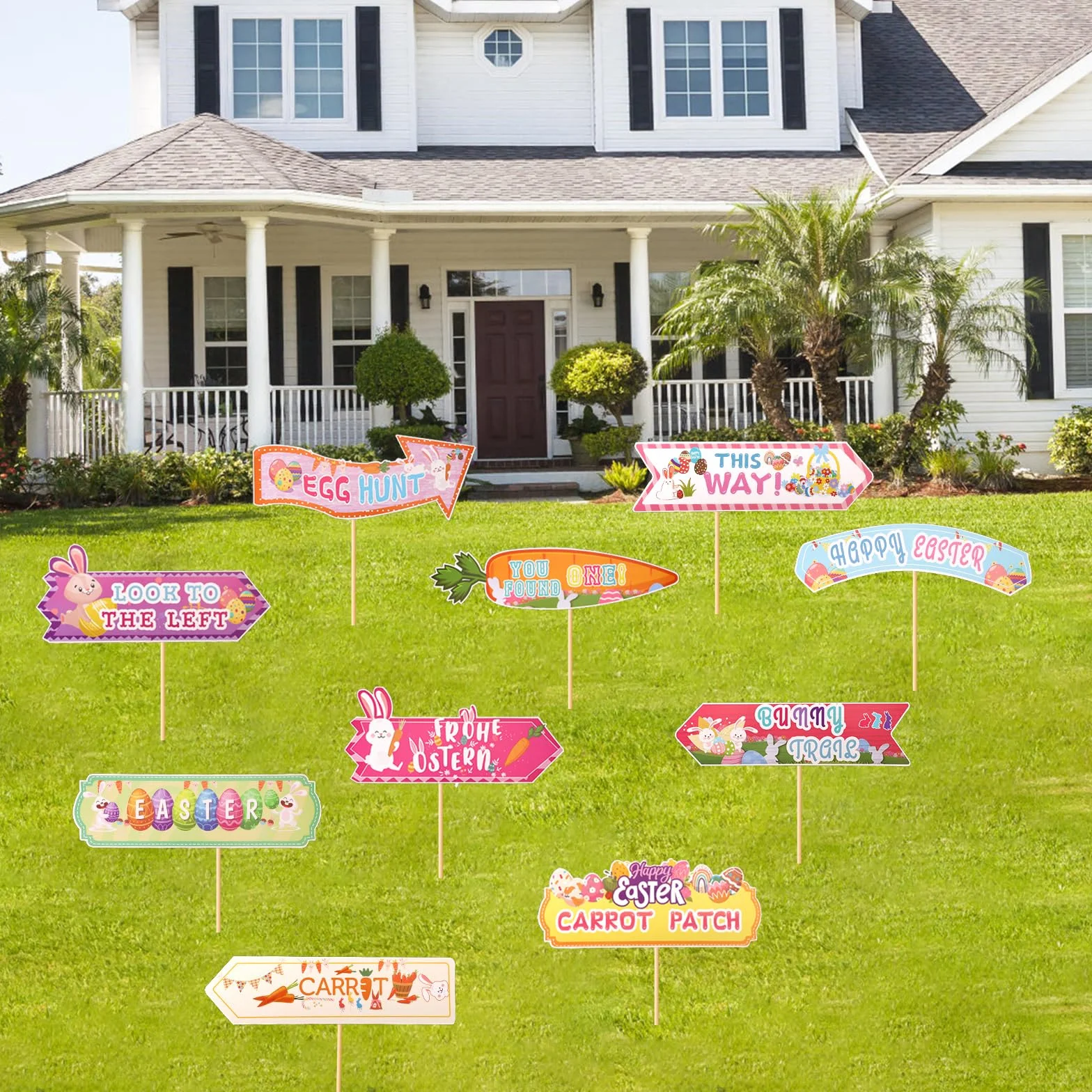 10szt Znaki Ogrodowe Happy Easter Egg Hunt Arrow, Różne Zabawne Wzory, Znaki Kierunkowe do Gier Egg Hunt dla Dzieci Rodziny Przyjaciół Wielkanoc Trawnik Dom Polowanie na Prezenty