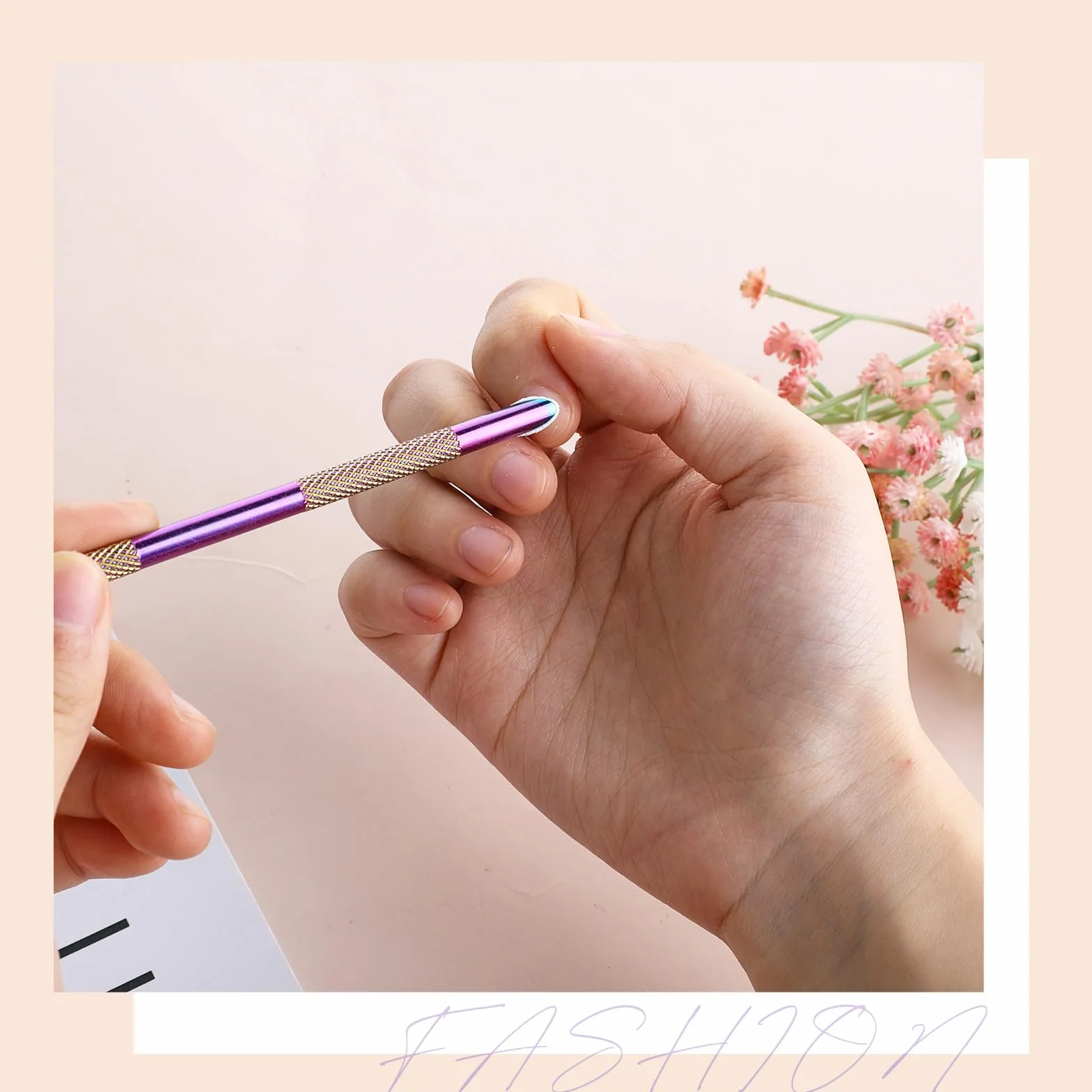 Skrobak do paznokci ze stali nierdzewnej, podwójna końcówka, 5 arkuszy papieru ściernego