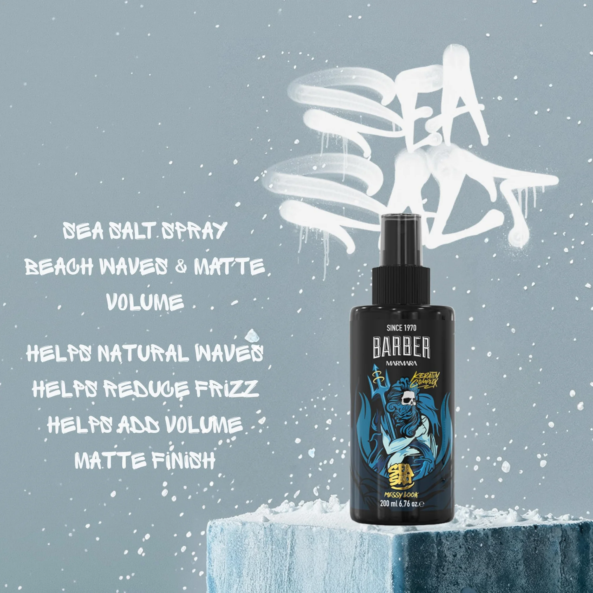 Barber Marmara Spray z solą morską Poseidon 200ml do stylizacji męskich włosów, tekstura, objętość, matowe wykończenie, fale plażowe z aloesem i keratyną.