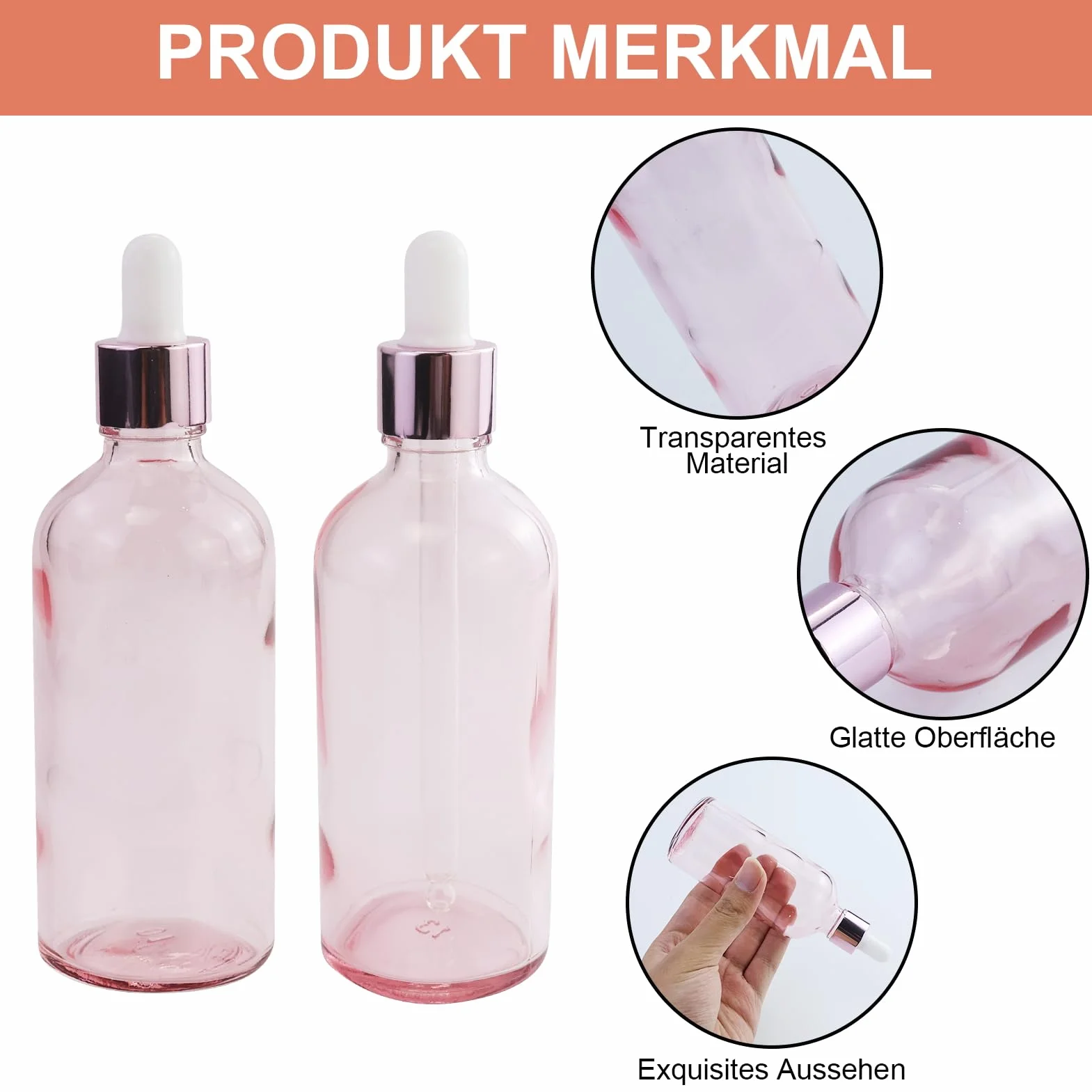Szklane butelki na olejki eteryczne 100 ml z pipetą, przezroczyste różowe, zestaw 3 sztuk