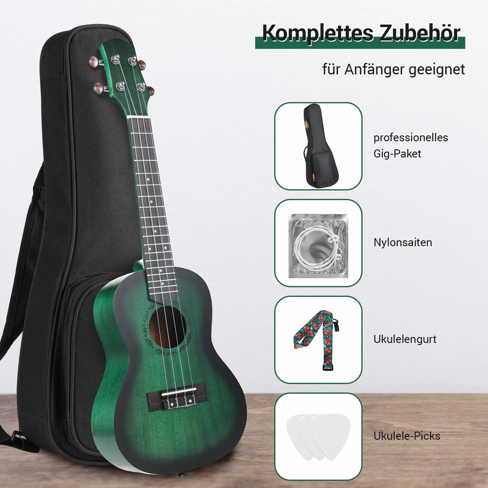 Ukulele Sopranowe dla Dzieci i Dorosłych - 21 Cali, Mahoniowe, Hawajskie - Ze Strunami, Paskiem, Kostkami, Gigbag - Mały Instrument Muzyczny