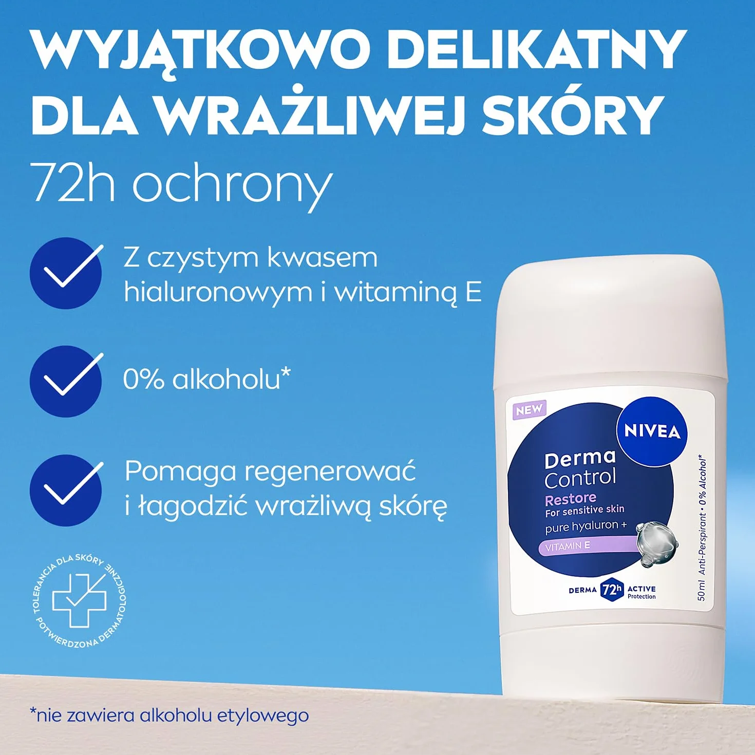 NIVEA Derma Control Restore Antyperspirant dla kobiet sztyft - 72h ochrony z kwasem hialuronowym i witaminą E, 50 ml