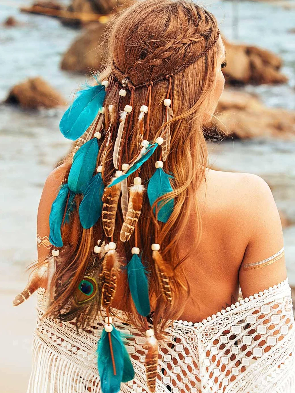 Zoestar Opaska na głowę w stylu boho z piórami, indiańska, plemienna, frędzle, hipisowskie nakrycie głowy, festiwal, kostium, akcesoria do włosów dla kobiet i dziewcząt