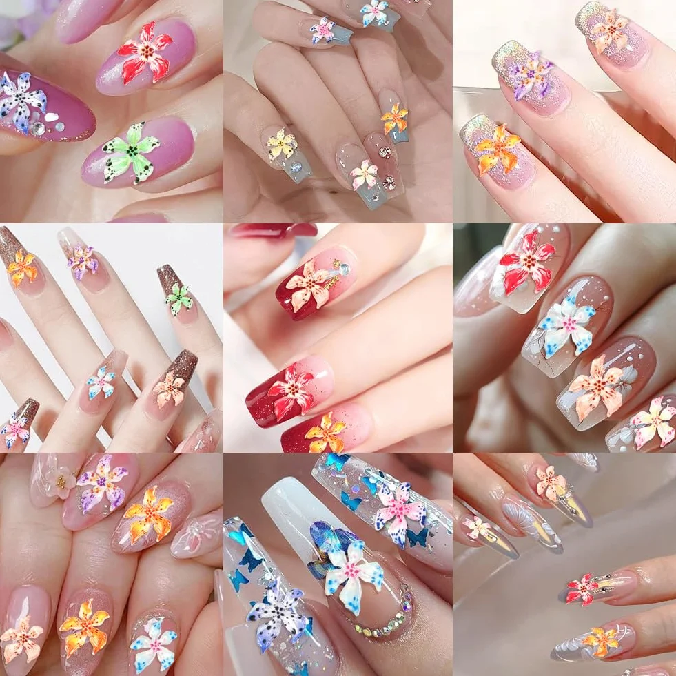 Vicloon Zestaw artystycznych zawieszek do paznokci 60 szt. kwiatowe 3D żywiczne stras DIY manicure