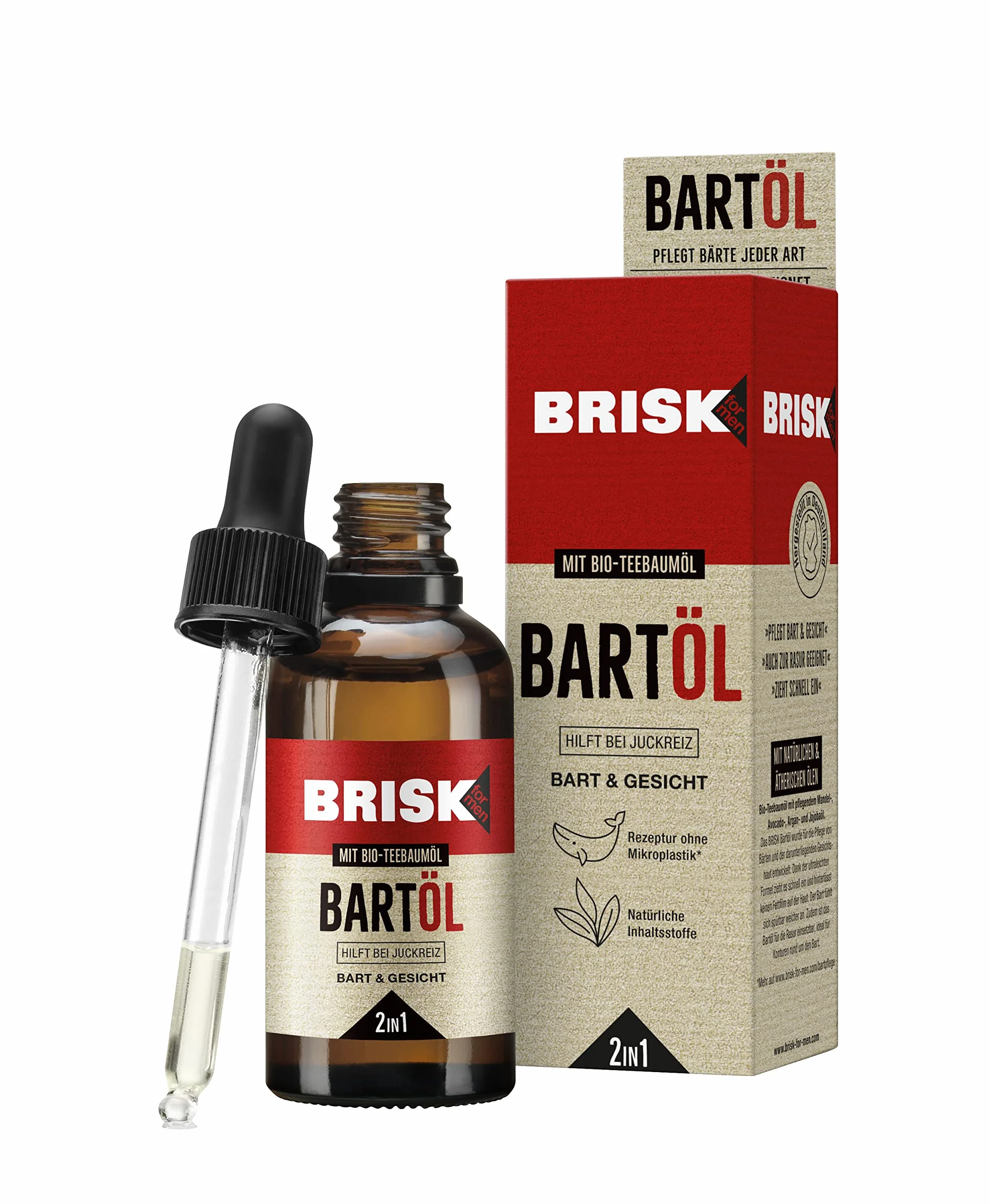 BRISK 2 w 1 olejek do brody dla mężczyzn, 50 ml, pielęgnacja brody z ekologicznym olejkiem z drzewa herbacianego, szybko się wchłania, do zadbanej skóry i miękkich włosów, nie natłuszcza, również do golenia, pielęgnacja twarzy dla mężczyzn