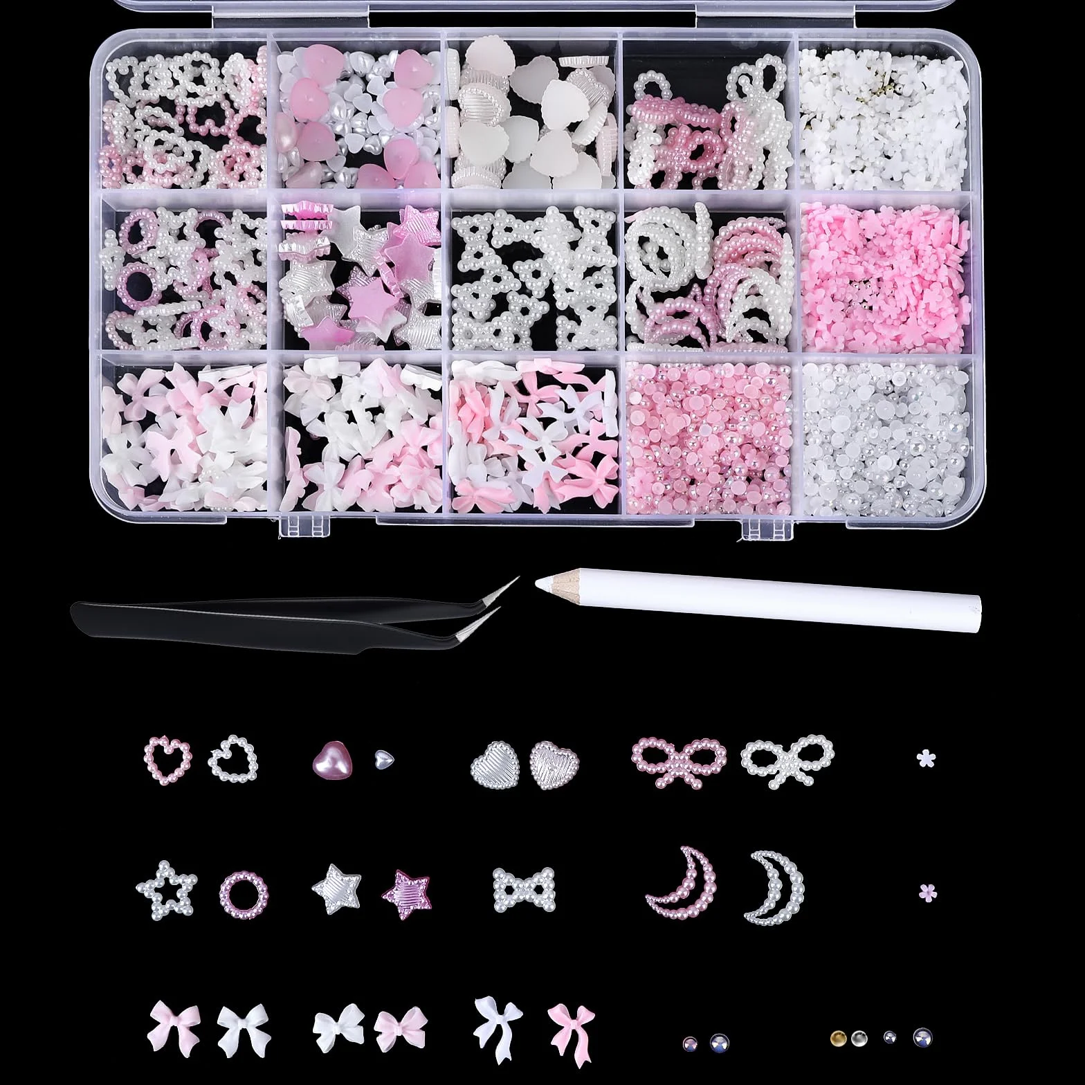 Zawieszki 3D do paznokci 1000 szt. kokardki serce gwiazda księżyc z pęsetą