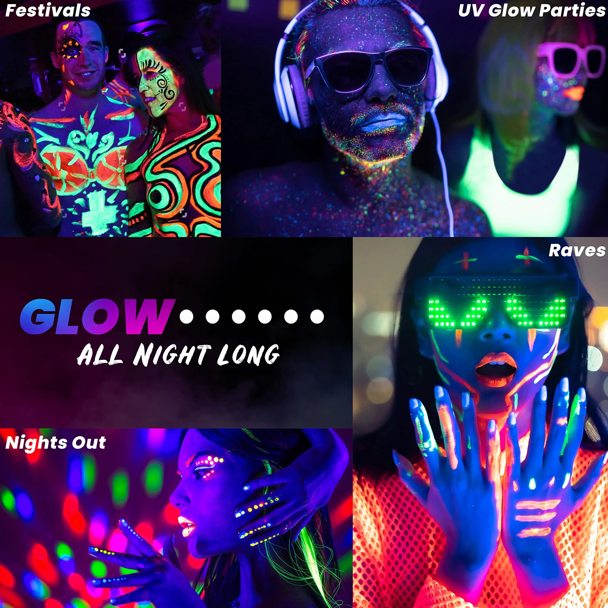 The Glowhouse Zestaw farb do twarzy i farb do ciała (6 sztuk) fluorescencyjny najjaśniejszy blask pod promieniowaniem UV!
