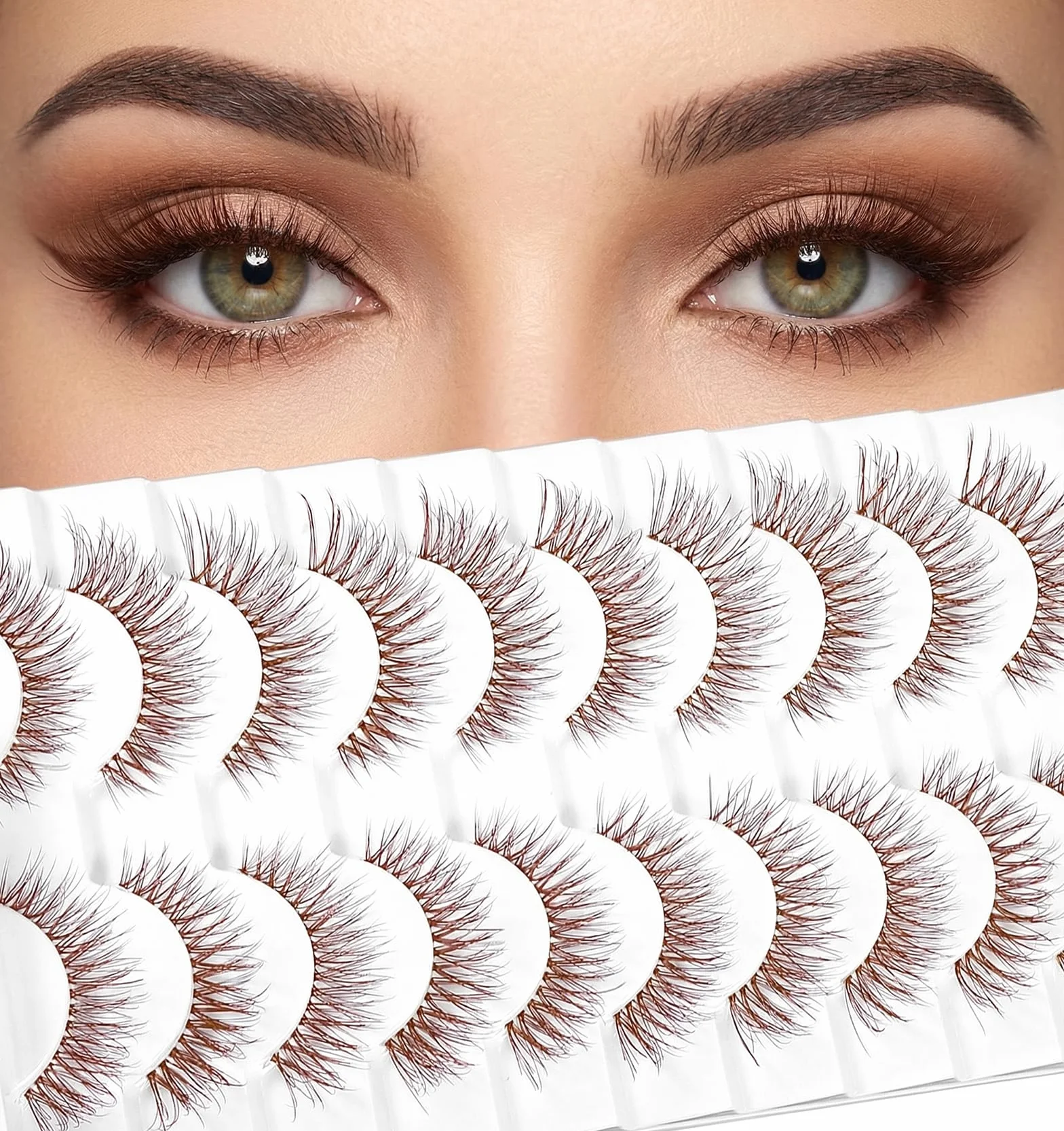 Brązowe Rzęsy Kocie Oko Wispy 10 Par Sztuczne Rzęsy z Przezroczystą Taśmą