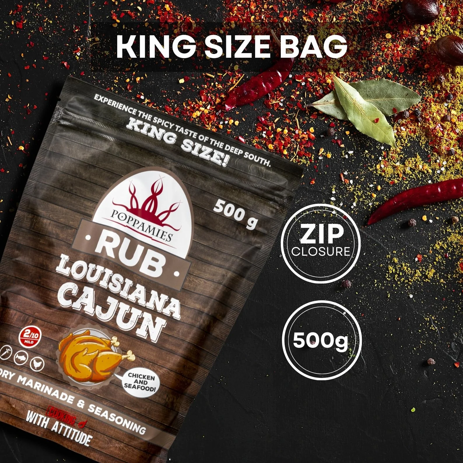 Poppamies Louisiana Cajun BBQ Rub - 100% naturalna przyprawa do grilla - Sucha marynata i przyprawy do kurczaka i owoców morza - duże opakowanie 500g