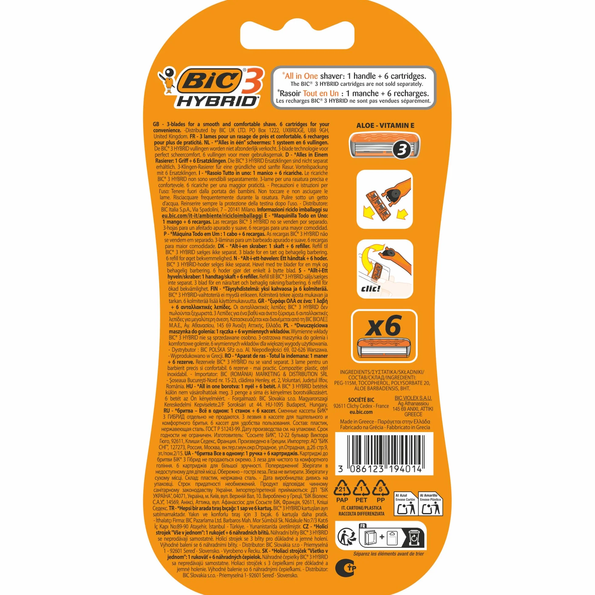 BIC 3 Hybrid Zestaw Golarki Ręcznej dla Mężczyzn, 3 Żyletki, 1 Uchwyt