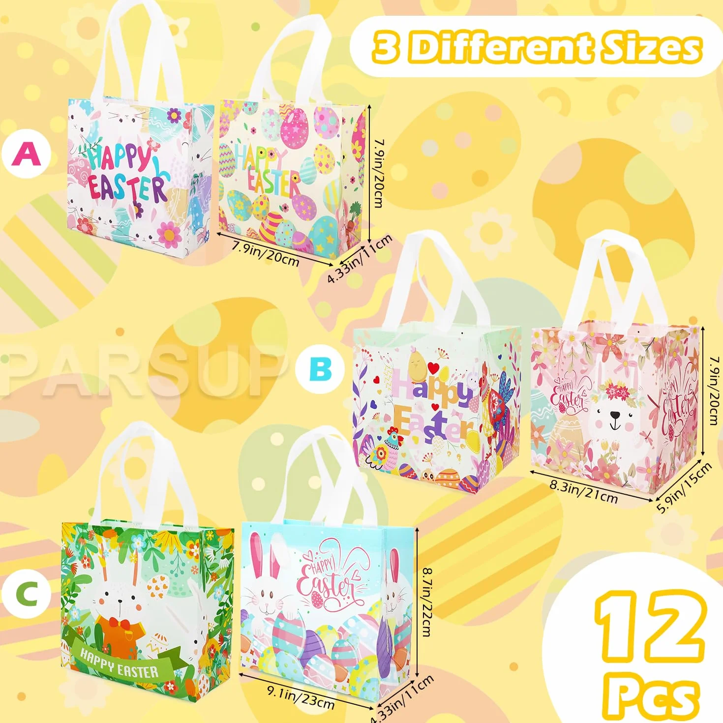 12 szt. Happy Easter Egg Hunt, różne rozmiary, króliczek, marchewka, kurczak, jajko, torebki na prezenty, torby na smakołyki, nietkane torby wielkanocne do pakowania prezentów, polowanie na jajka,