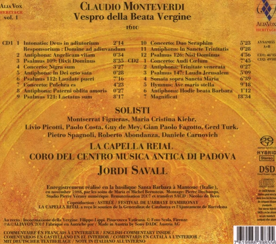 Vespro Della Beata Vergine Savall La Capella Reial
