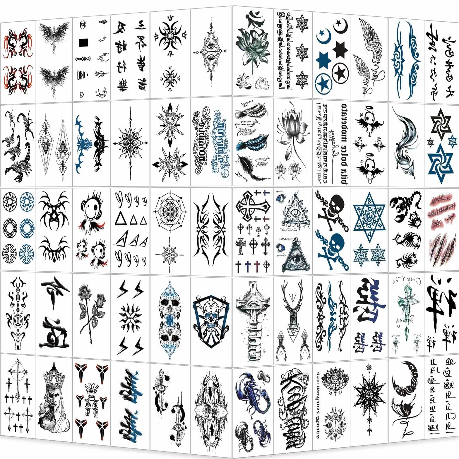 AOOWU Tymczasowe tatuaże, 60 arkuszy 3D, realistyczne symbole krzyża szkieletu, tatuaż, kwiat, naklejka, wodoodporne sztuczne tatuaże dla dzieci, dorosłych, mężczyzn i kobiet, czarny, mały, sztuczny