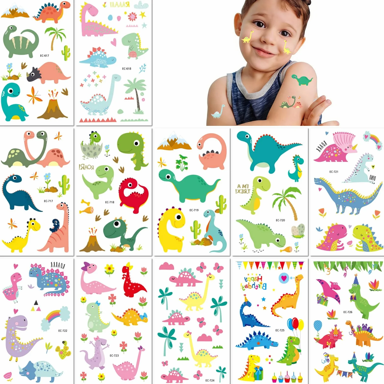 Naklejki tatuażowe dla dzieci z kreskówkowymi dinozaurami wodoodporne 12 sztuk