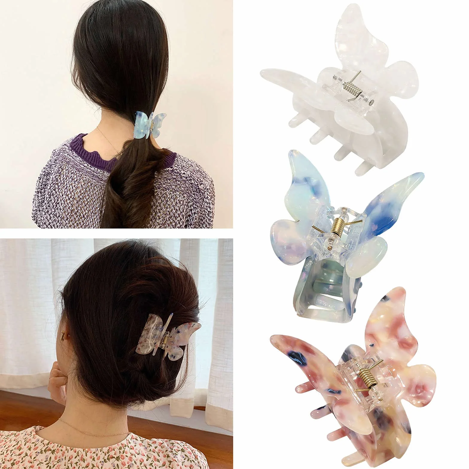 Spinki do włosów z motylem akrylowe błyszczące małe cienkie klipsy 3 sztuki
